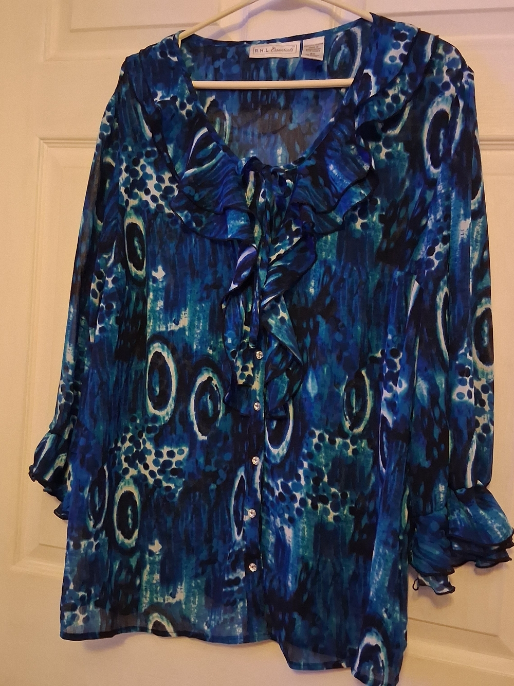Essentials Blue & Teal Ruffle-Front Blouse
